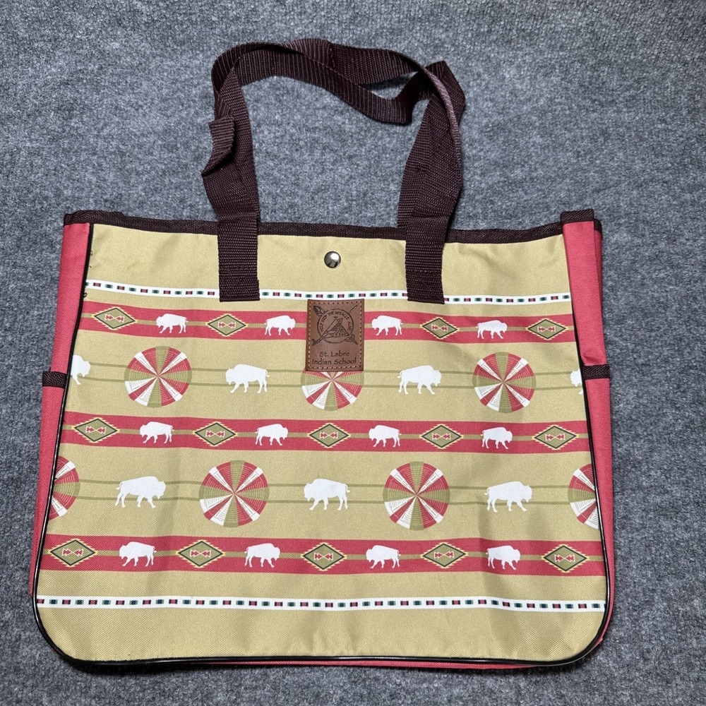 St Labre Indian School Aztec Bison Lunch Tote Bag Red Beige Native American Desi